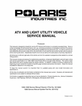 1996-1998 Polaris ATV and Light Utility Vehicle service manual Preview image 1