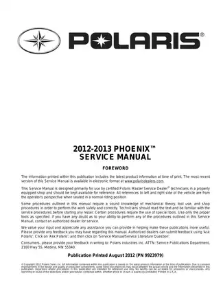 2012-2013 Polaris Phoenix 200 ATV service manual Preview image 1