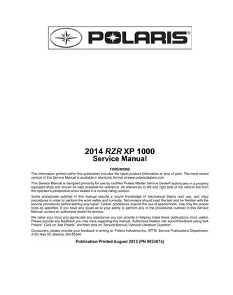 2014 Polaris RZR XP 1000 service manual Preview image 1