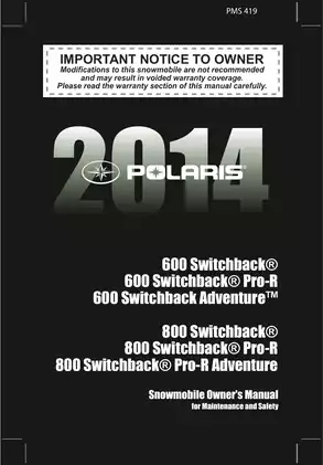 2014 Polaris 600 Switchback, 600 Switchback Pro R, 600 Switchback Adventure, 800 Switchback, 800 Switchback Pro R, 800 Switchback Pro R Adventure snowmobile owners manual Preview image 1