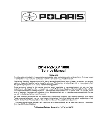 2014 Polaris RZR XP 1000 UTV service manual