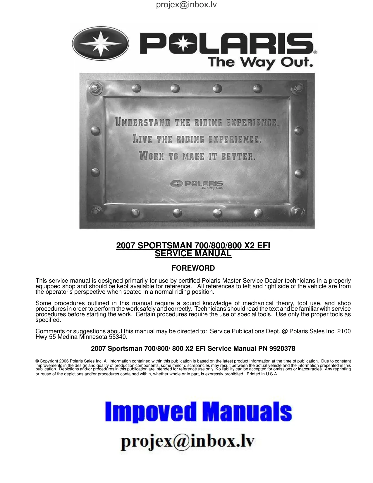 2007-2008 Polaris Sportsman 700 Twin EFI ATV repair manual Preview image 1