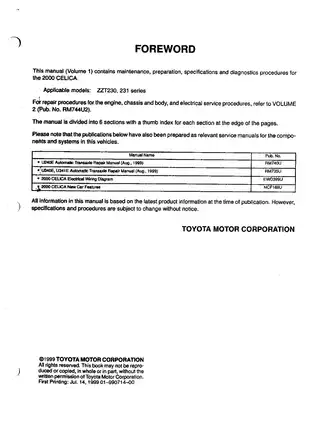 2000 Toyota Celica ZZT 230, ZZT 231 repair manual Preview image 2