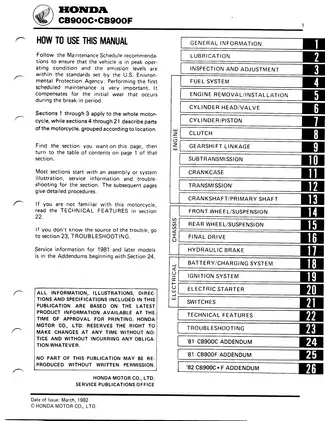 1980-1982 Honda CB900 parts catalog, service, repair manual