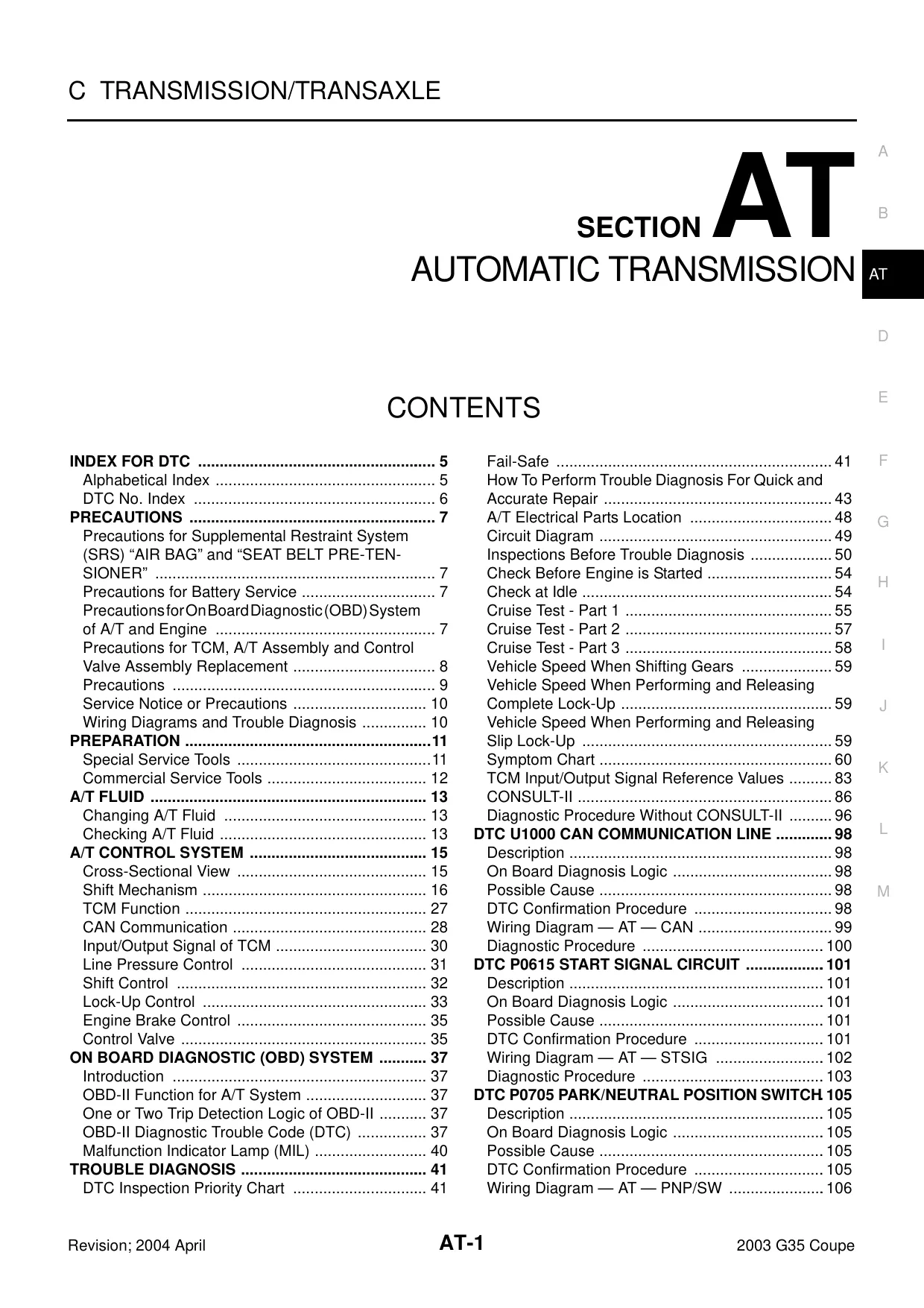 2003-2007 Infiniti G35 Automatic Transmission manual manual page 1 preview Infiniti 2003-2007 Infiniti G35 Automatic Transmission manual manual page preview - page 1 of