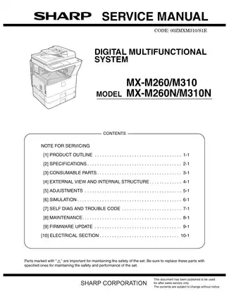 Sharp MX-M260, M310,  MX-M260N, M310N multifunction monochrome document system manual
