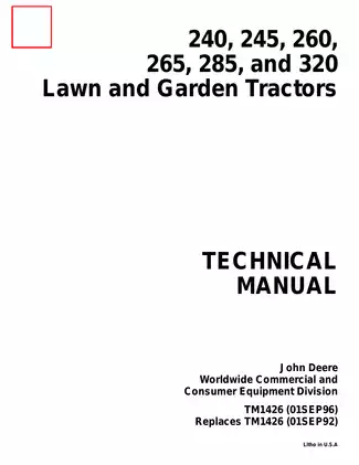 John Deere 240, 245, 260, 265, 285, 320 garden tractor technical repair manual Preview image 1