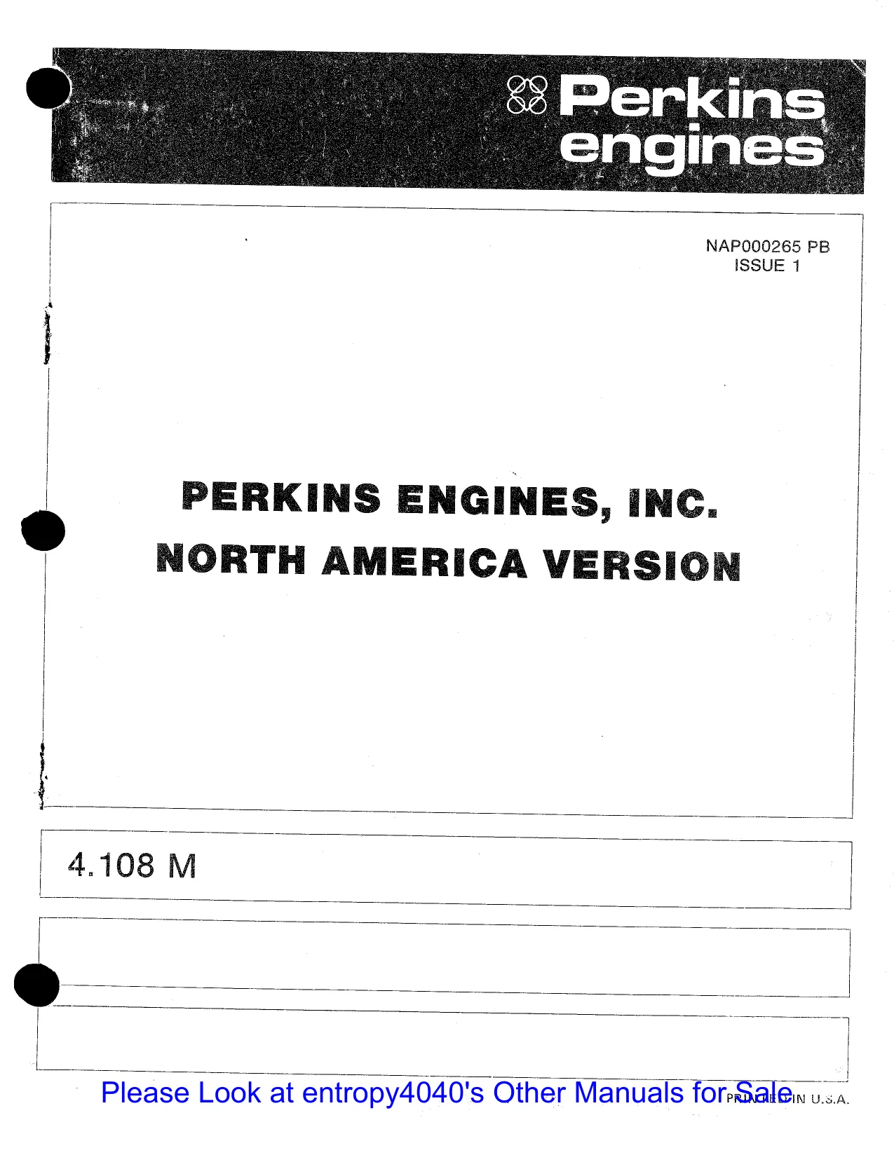 Perkins 4.108M, 4.107M, 4.99M diesel engine manual Preview image 1