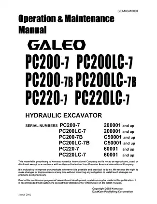 Komatsu™ PC200-7, PC200LC-7, PC200-7B, PC200LC-7B, PC220-7, PC220LC-7 excavator operation and maintenance manual Preview image 1