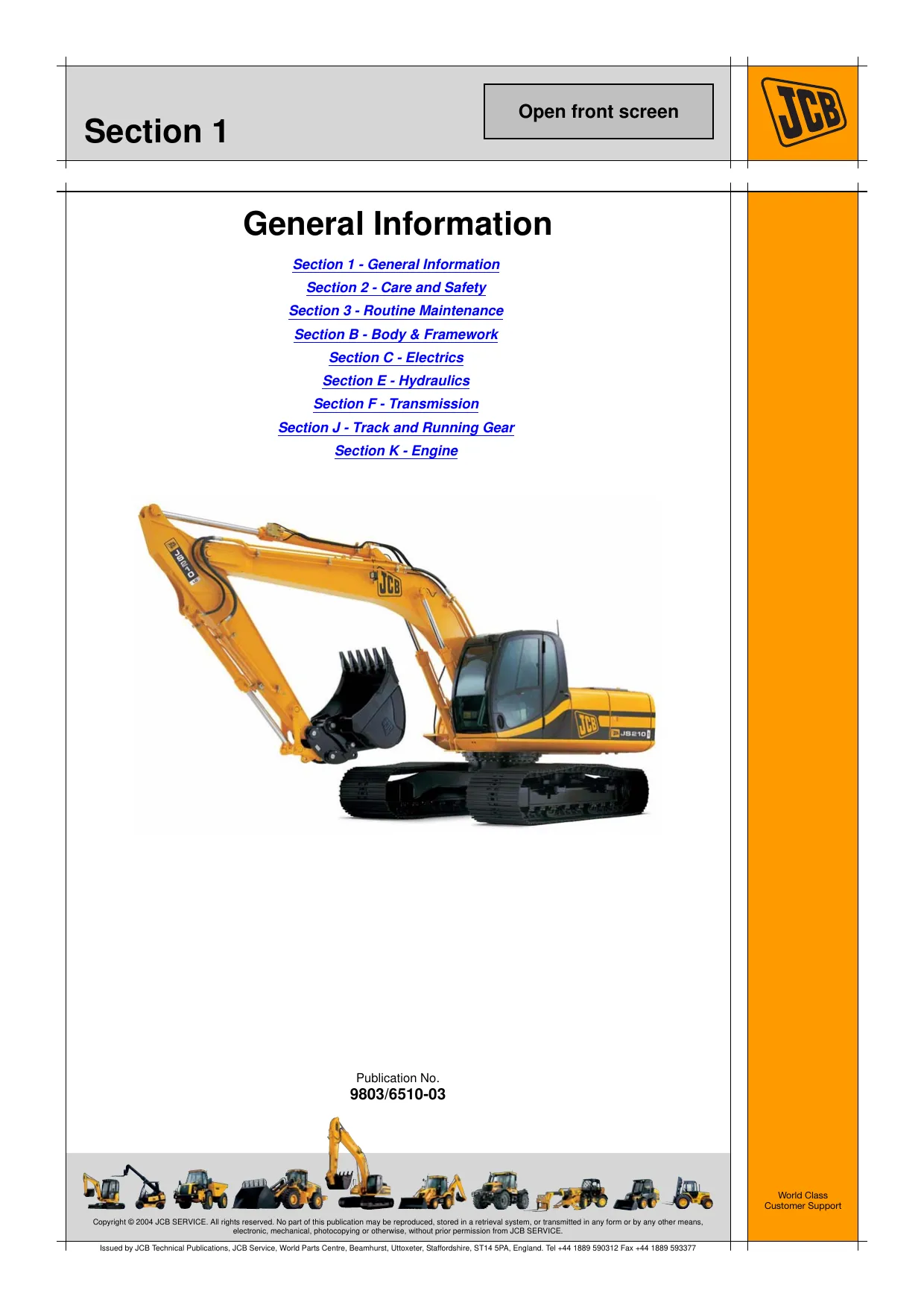 JCB JS200, JS210, JS220, JS260 tracked excavator manual Preview image 1
