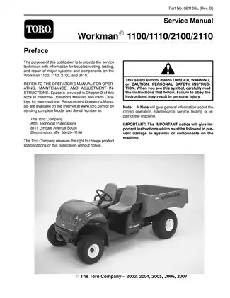 Toro Workman 1100, 1110, 2100, 2110 service manual