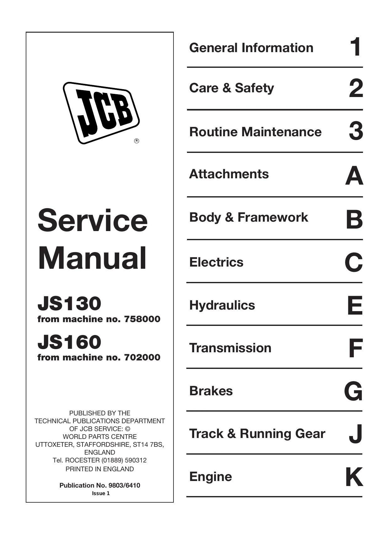 JCB JS130, JS160 tracked excavator manual Preview image 1