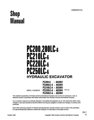 Komatsu PC200-6, PC200LC-6, PC210LC-6, PC220LC-6, PC250LC-6 hydraulic excavator shop manual Preview image 1