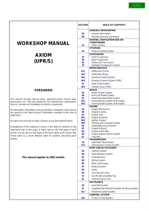 2002 Isuzu Axiom UPR/S SUV workshop manual